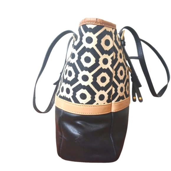 Spartina 449 Black and White Leather and Linen Shoulder Bag Tote - Picture 2 of 15